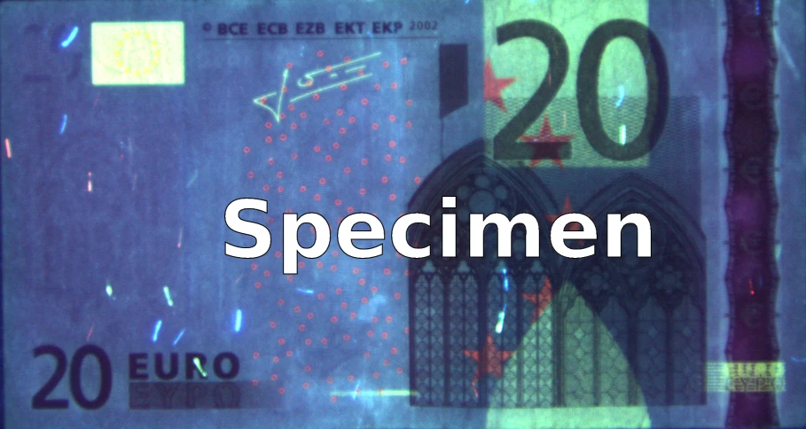 Banconota da 20 euro con elementi fluorescenti sotto luce ultravioletta